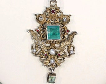 Antique Austro-Hungarian Emerald Pendant with Pearls and Rubies