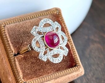 Antique Cabochon Ruby Diamond Ring 18k Gold Platinum c. 1900 Size 8