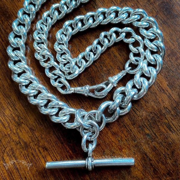Antique Edwardian Double Albert Silver Watch Chain Necklace 17"