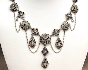 Antique Austro-Hungarian Necklace Blue Paste and Pearl Silver Gilt