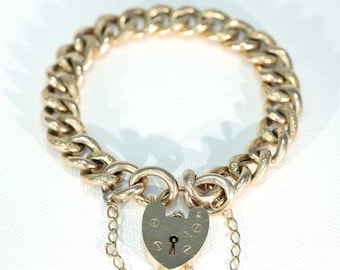 Antique 9k Gold Heart Curb Link Bracelet 7.75"