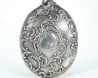 French Silver Repousse Compact Slide Locket Pendant Antique