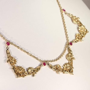 Art Nouveau Ruby Gold Necklace French Floral