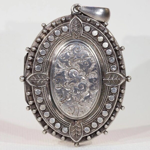 Reserved~Ornate Floral Engraved Front and Back Sterling Silver Locket Pendant Birmingham 1882
