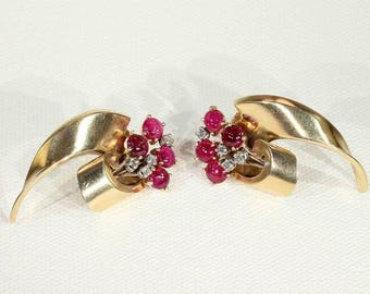 Retro Ruby Diamond Gold Earrings