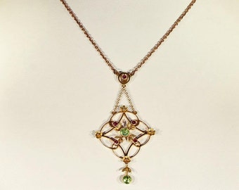 Antique Edwardian Peridot and Garnet Necklace in 9k Gold