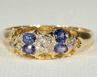 Antique Victorian Diamond and Sapphire Ring in 18k Gold, Hallmarked 1879