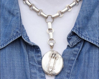 Collana antica vittoriana con colletto e medaglione con motivo a fibbia in argento sterling