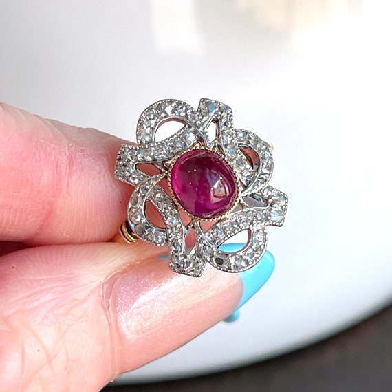 Antique Cabochon Ruby Diamond Ring 18k Gold Plati… - image 7