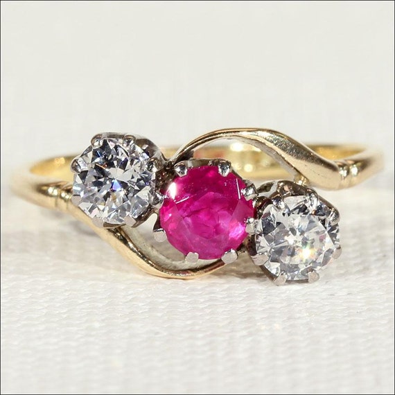 Antique Ruby and Diamond 3 Stone Bypass Ring in 1… - image 1