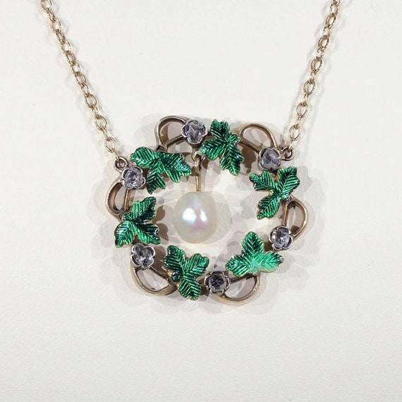 Antique Victorian Wreath Pendant Diamond Pearl En… - image 1