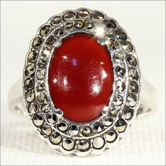 Vintage Art Deco Silver Carnelian and Marcasite R… - image 1