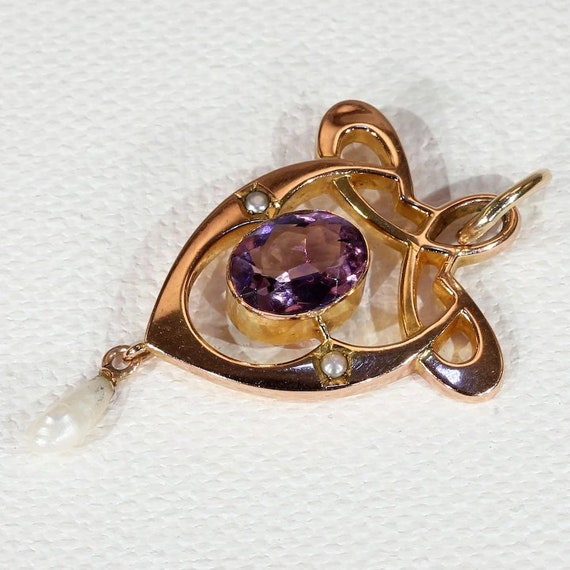 Antique Gold Art Nouveau Pearl Amethyst Pendant - image 3