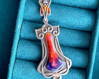 Fiery Arts and Crafts Enamel Pendant in Silver, Circa 1910, England