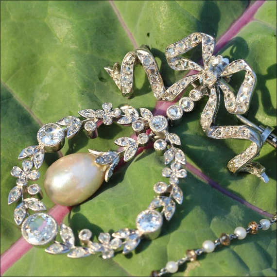 Edwardian Diamond, Pearl and Platinum Pendant Bro… - image 1