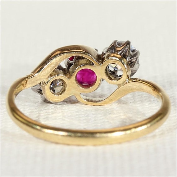 Antique Ruby and Diamond 3 Stone Bypass Ring in 1… - image 5