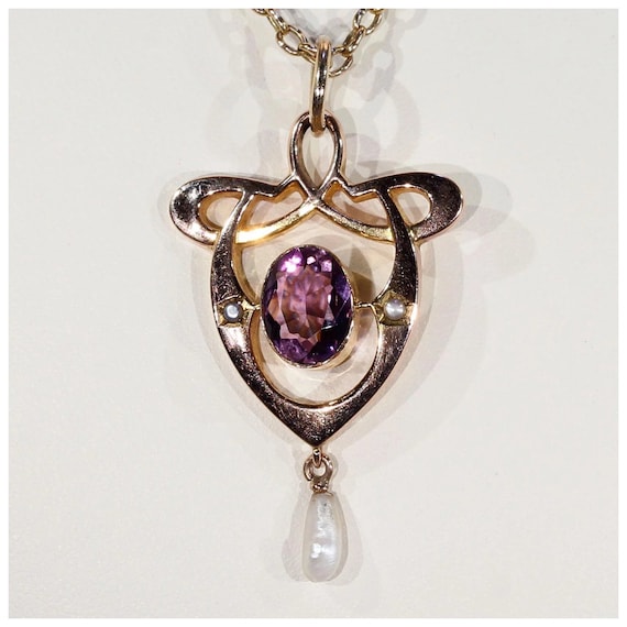 Antique Gold Art Nouveau Pearl Amethyst Pendant - image 1