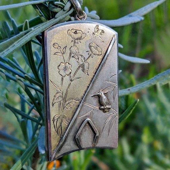 Antique Silver Engraved Bird & Flowers Locket - image 1