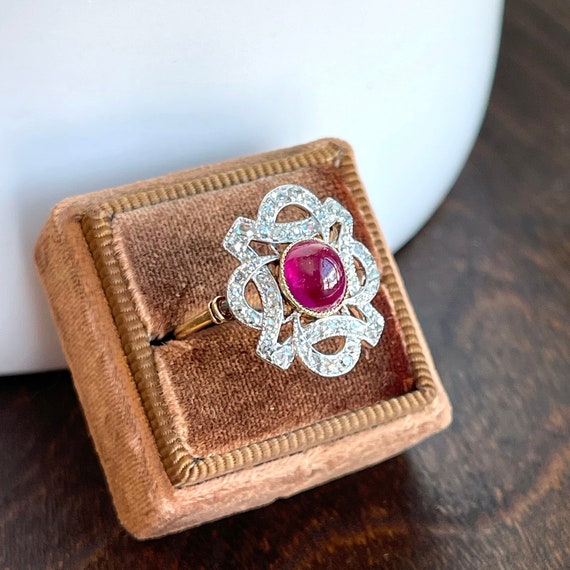 Antique Cabochon Ruby Diamond Ring 18k Gold Plati… - image 1