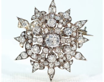 Victorian Starburst Diamond Pendant Brooch 3cttw 15k Gold Silver Set