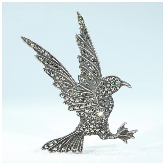 Vintage Marcasite Bird in Flight Brooch Pin Silver - image 2