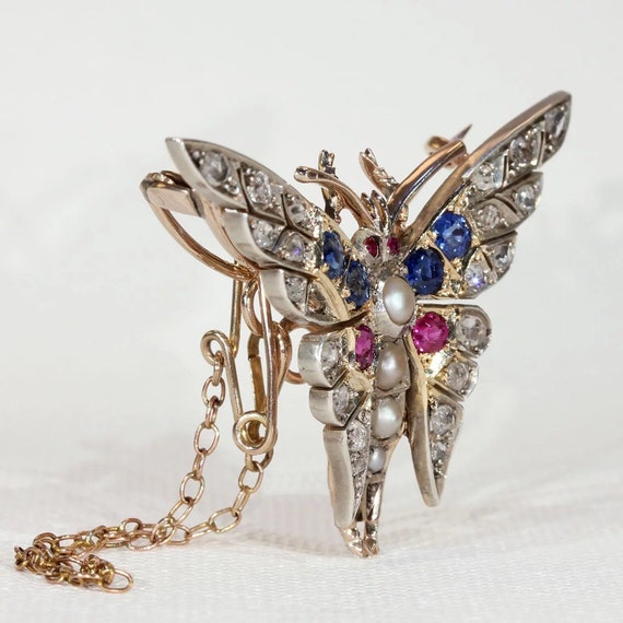 Art Deco Ruby Diamond Sapphire Pearl Brooch Pin B… - image 2