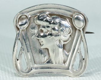 Jugendstil Frau im Profil Silber Brosche Anstecknadel