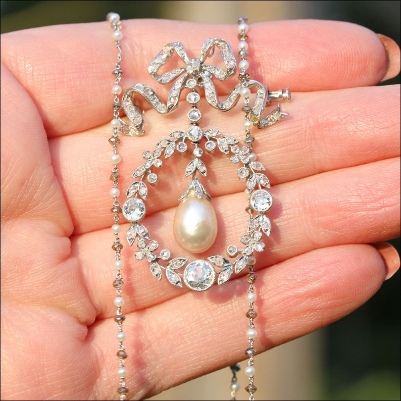 Edwardian Diamond, Pearl and Platinum Pendant Brooch, Garland Era Convertible image 4