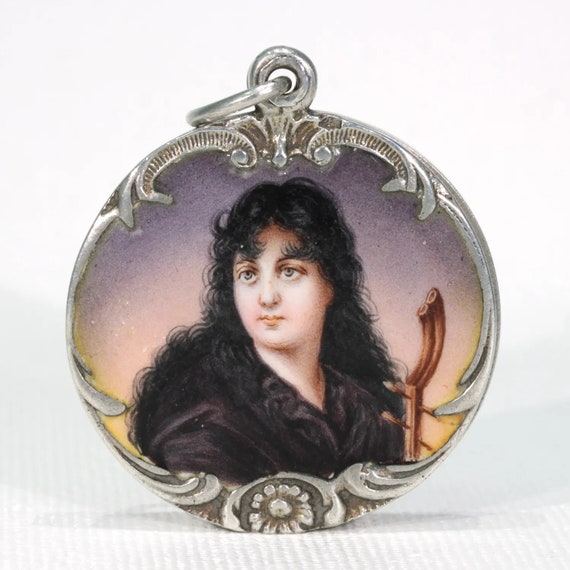 Antique Art Nouveau Silver Enamel Locket Woman Mo… - image 1