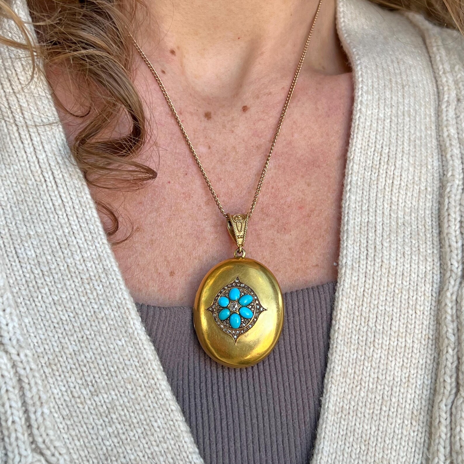 Antique Heavy Gold Diamond Turquoise Locket Pendant - Etsy