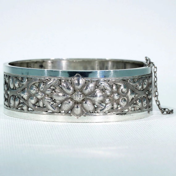 Antique French Repoussed Floral Silver Bangle - image 1