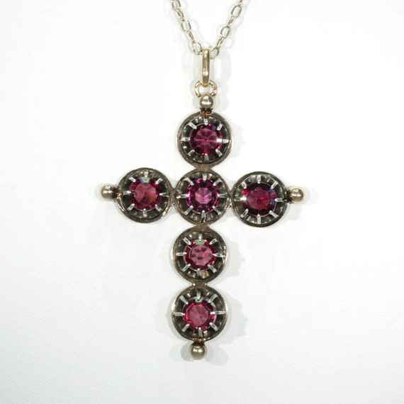 Antique French Garnet Cross Pendant 18k Gold - image 5