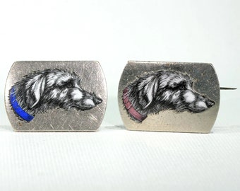 Antique French Wolf Hound Enamel Wedding Set Brooch and Stud Silver