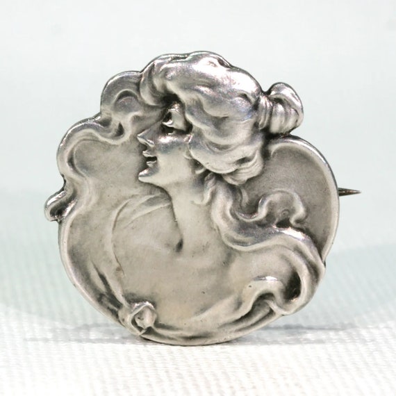 Antique Art Nouveau Silver Woman Brooch Pin - image 1
