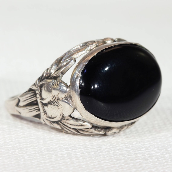 Art Deco Sterling Onyx Love Birds Ring - image 1