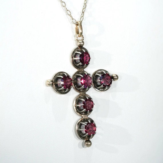 Antique French Garnet Cross Pendant 18k Gold - image 6