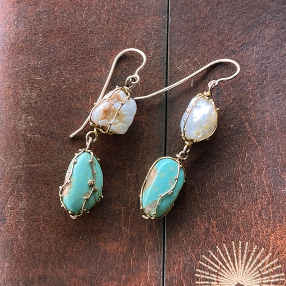 Arts and Crafts Era Turquoise Pearl Earrings 9k Gold - Etsy