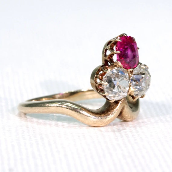 Antique Edwardian Trefoil Ruby Diamond Ring Size … - image 2