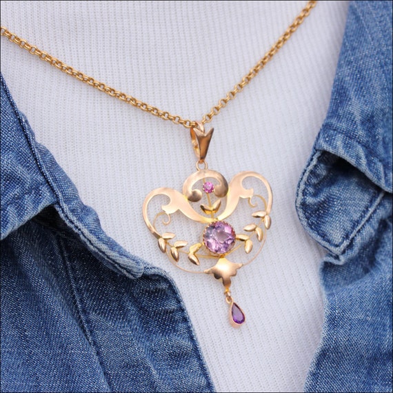 Antique Art Nouveau Amethyst Pendant in 9k Gold, … - image 4