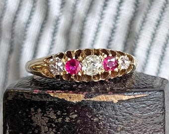 Antique Victorian Gold Ruby Diamond Ring London 1901 Size 7.5