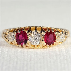 Antique 5 Stone Ruby and Diamond Ring in 18k Gold, Edwardian