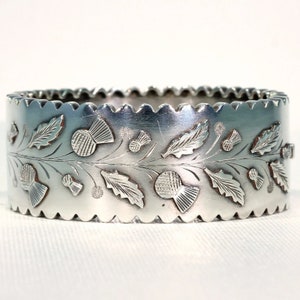 Antique Victorian Embossed Silver Bangle, Thistles & Leaves