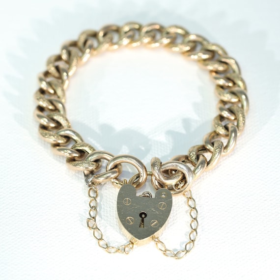 Antique 9k Gold Heart Curb Link Bracelet 7.75" - image 1