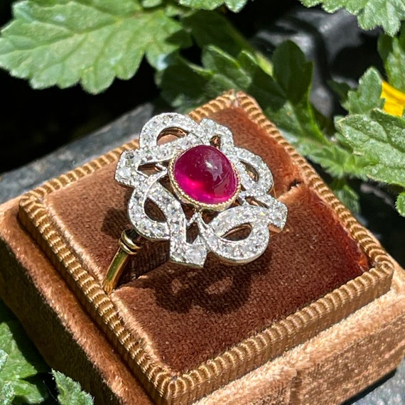 Antique Cabochon Ruby Diamond Ring 18k Gold Plati… - image 4