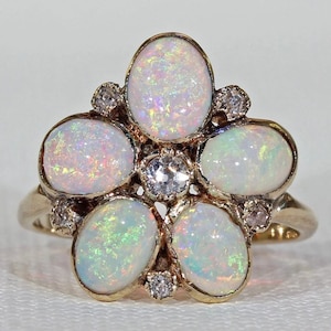 Antique Victorian Opal Diamond Flower RingSize 6.5