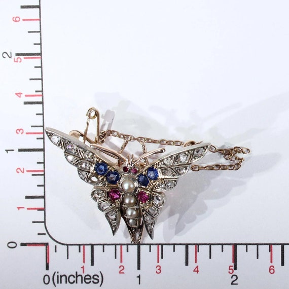 Art Deco Ruby Diamond Sapphire Pearl Brooch Pin B… - image 8
