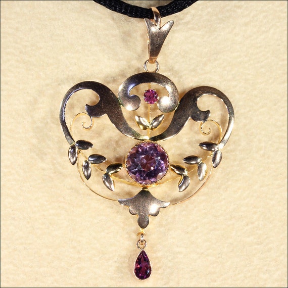 Antique Art Nouveau Amethyst Pendant in 9k Gold, … - image 1