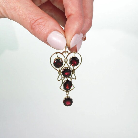 Edwardian Garnet & Pearl Drop Pendant 9K - image 5