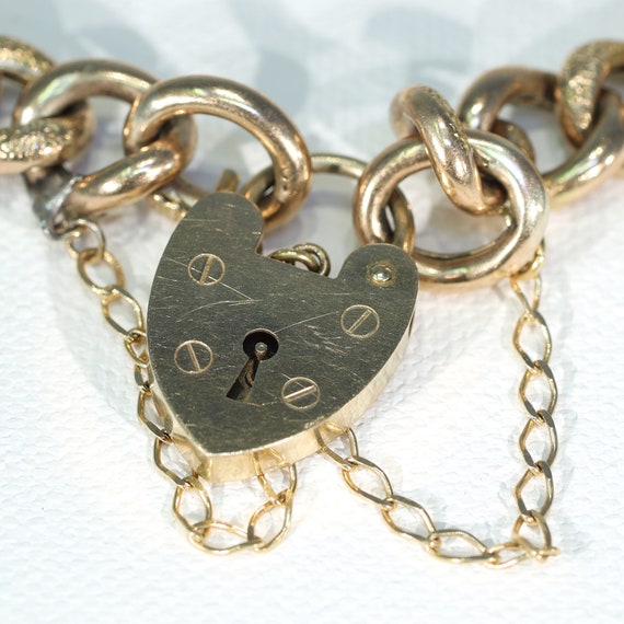 Antique 9k Gold Heart Curb Link Bracelet 7.75" - image 6