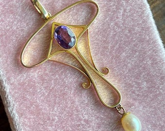 Art Nouveau 15K Gold Pendant with Amethyst and Pearl Drop